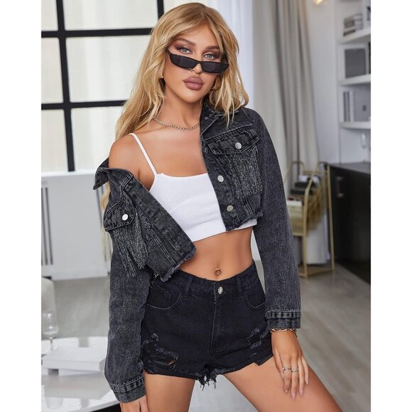 Women’s Crop Denim Jacket Tassel Casual Jean With Fringe Long Sleeves S107Black - Picture 5 of 6